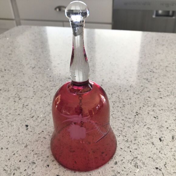 Vintage Cranberry Glass Bell With Etched Flower, 5 1/2” - Picture 1 of 4